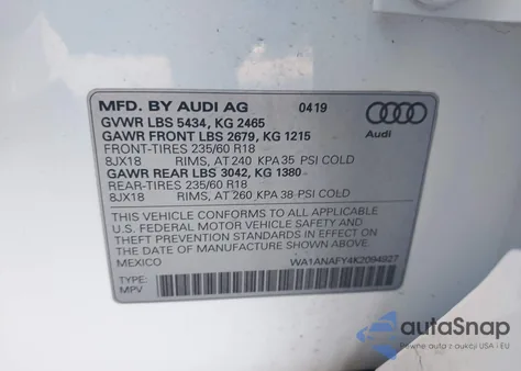 2019 Audi Q5 Premium z USA, uszkodzony, nr VIN WA1ANAFY4K2094927